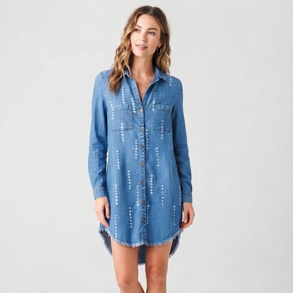 Cloth & Stone Tribal Triangle Print Chambray Shirt Dress Frayed Hem Blue XS